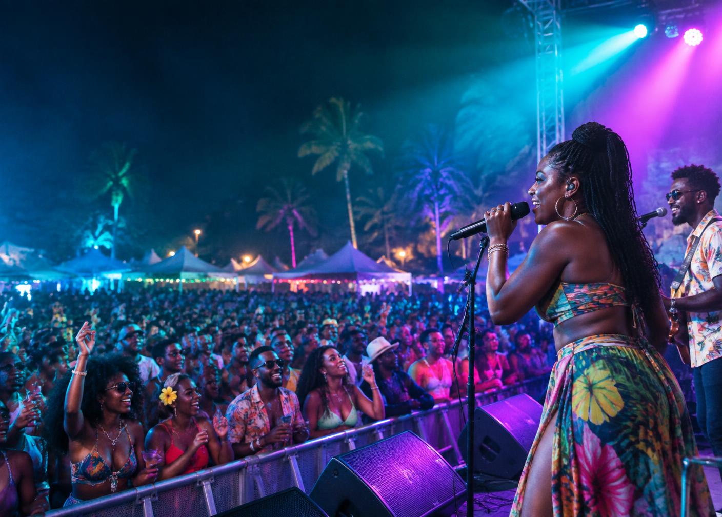 Singer performing to a fête crowd under colorful stage lights